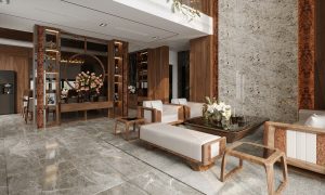 phòng khách tân cổ điển bằng gỗ