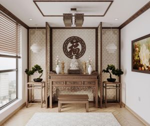 trang trí phòng khách nhà cấp 4 có bàn thờ