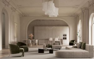 phòng khách tân cổ điển bằng gỗ